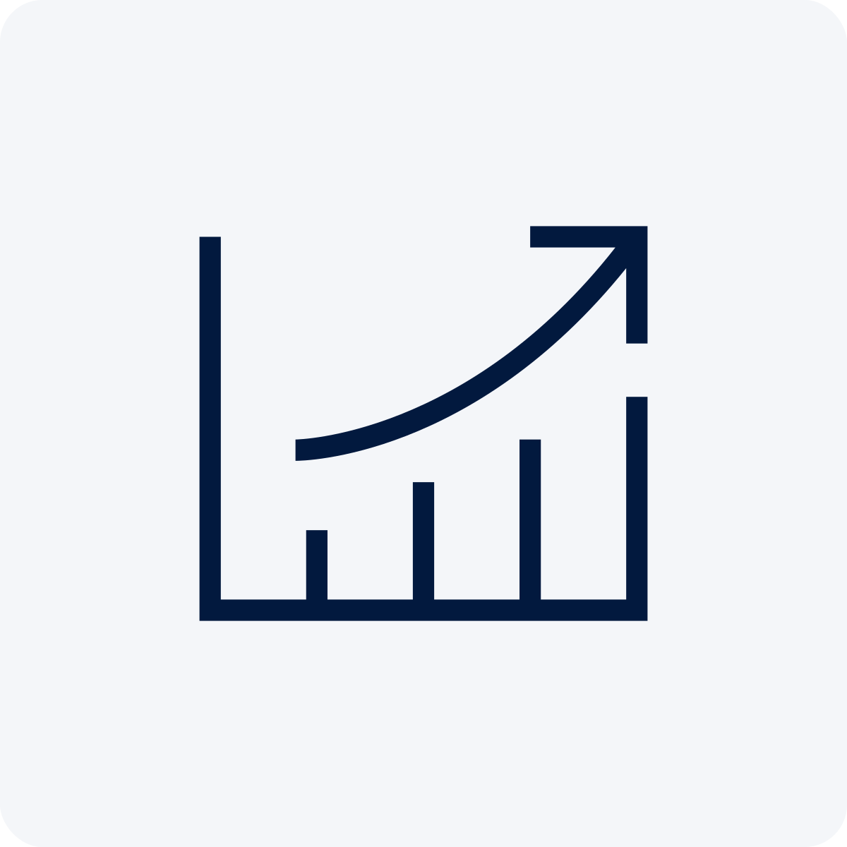 Graph with bars increasing in height and an upward arrow indicating growth or positive trend.