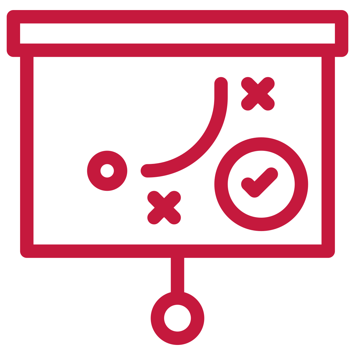 Diagram of a battle plan or strategy with X's and circles, and a check mark indicating approval or correctness.