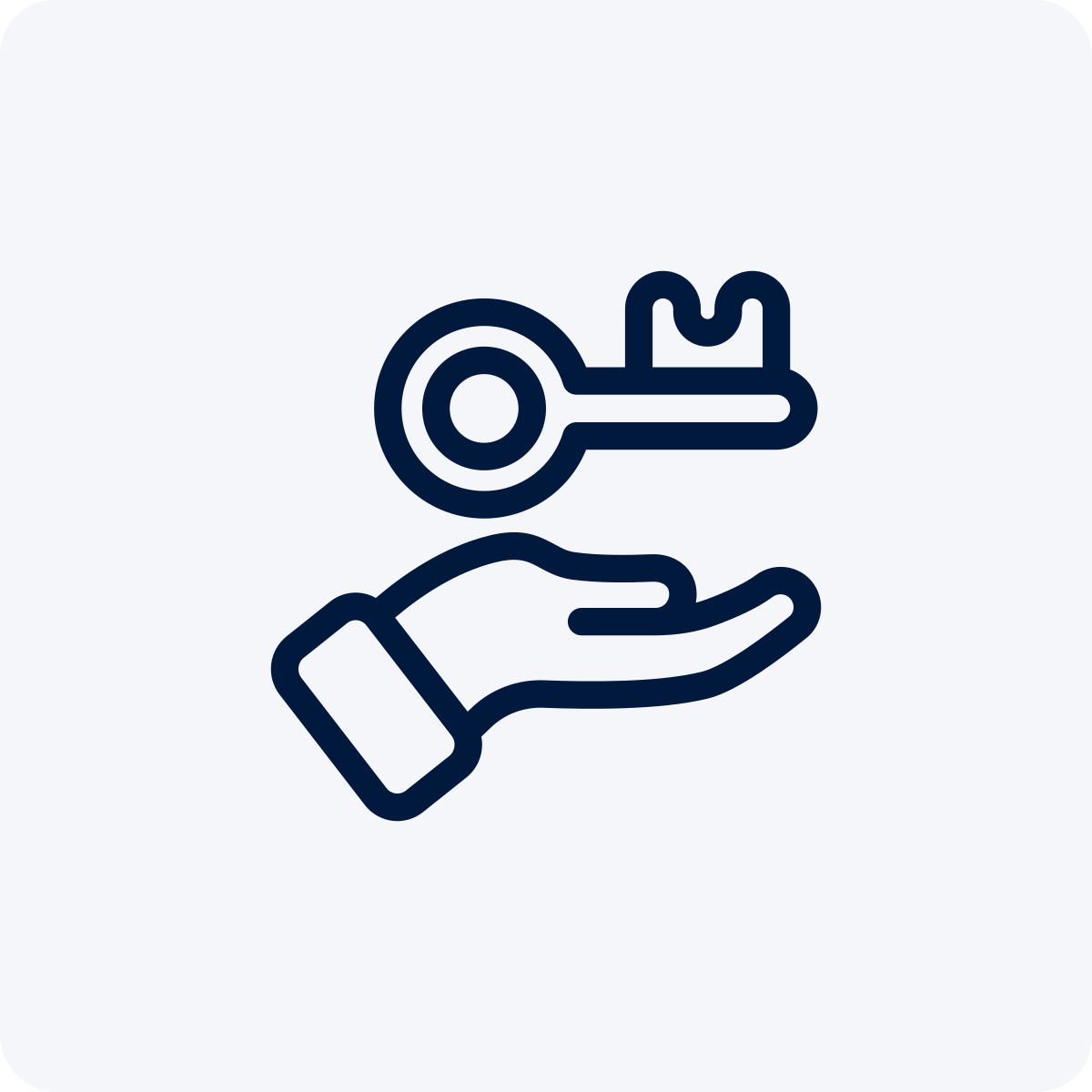 Outline icon of a hand holding a key.