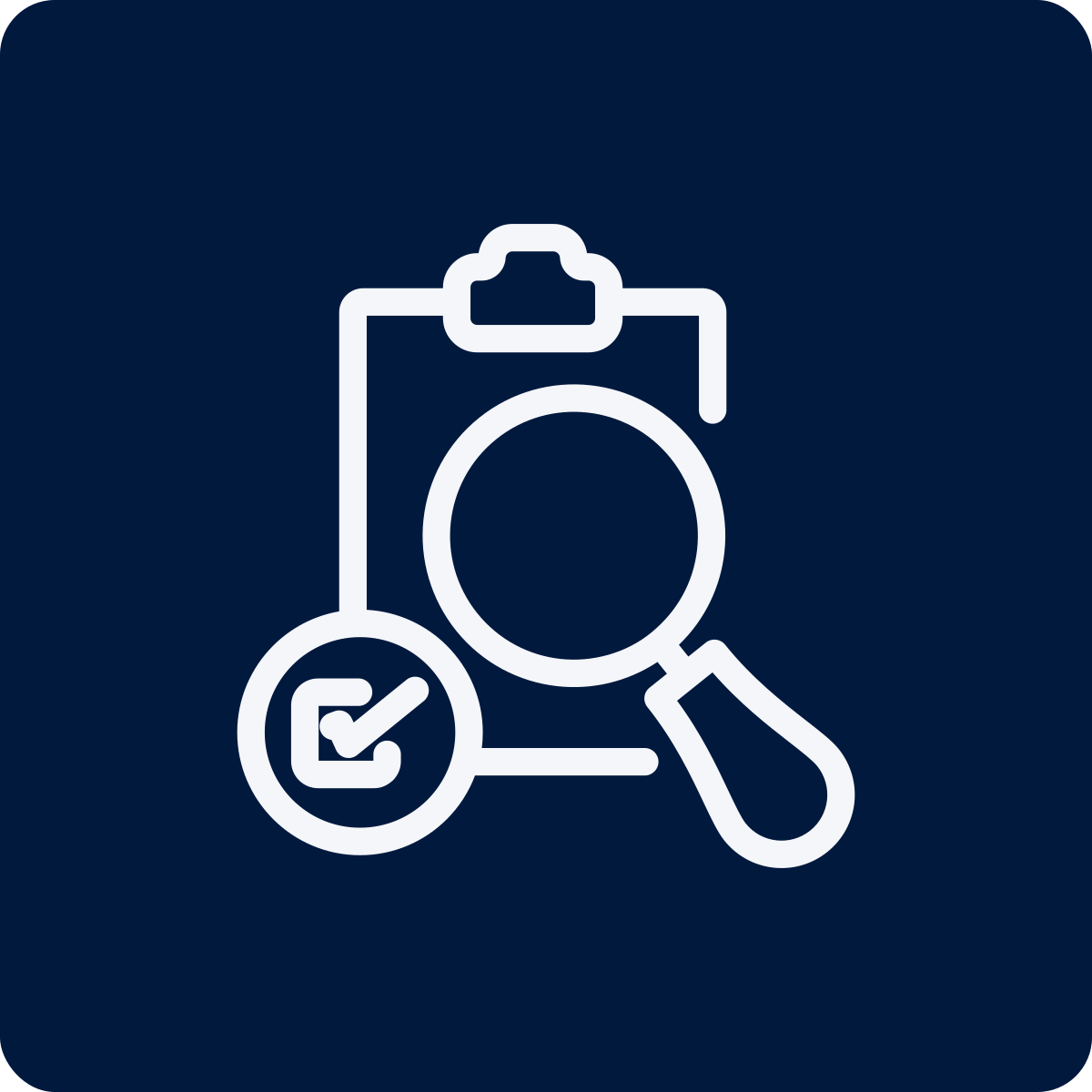 Line art icon of a clipboard and magnifying glass with a checkmark in a circle, representing review or inspection.