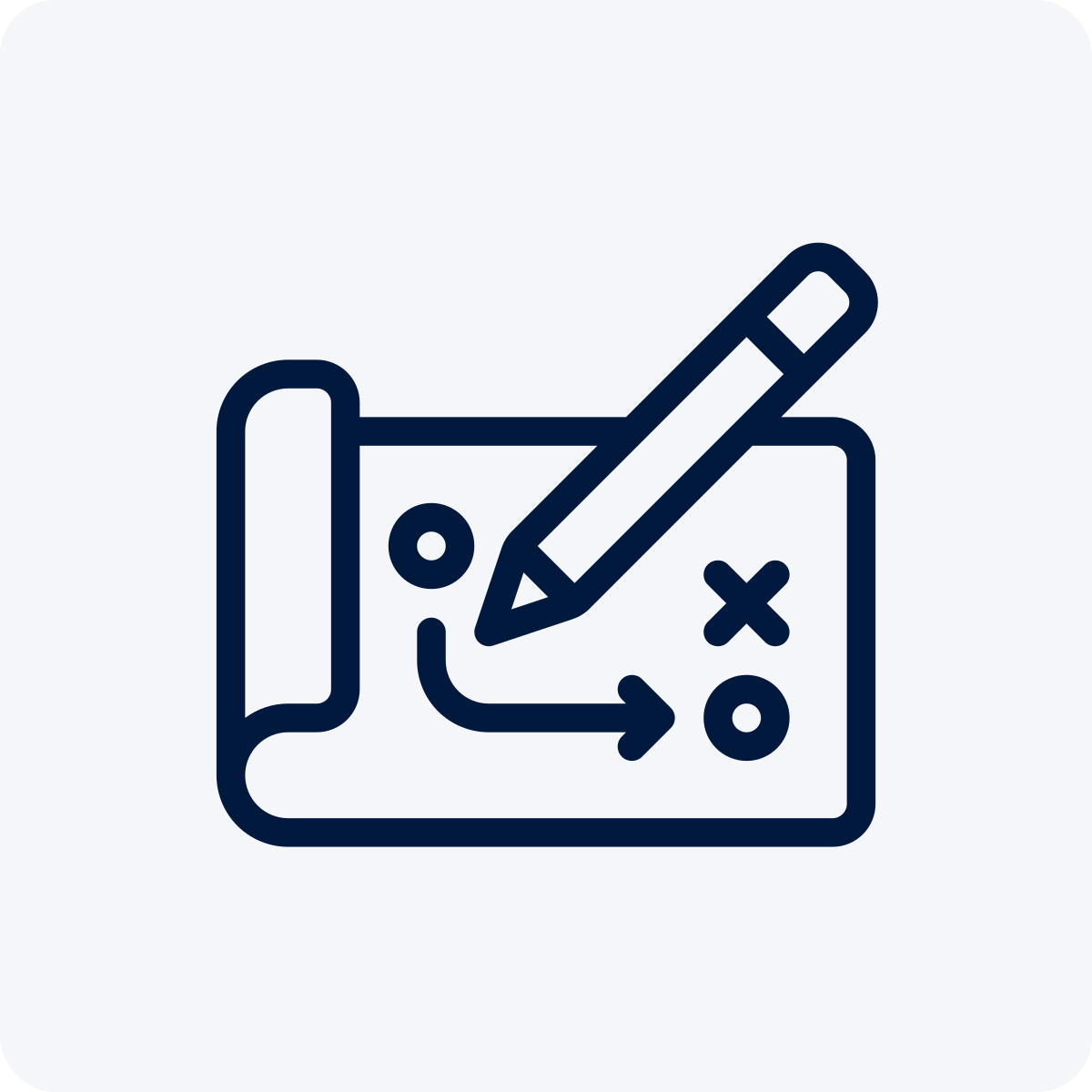 Icon of a rolled-out blueprint with a pencil drawing a plan and game strategy symbols.