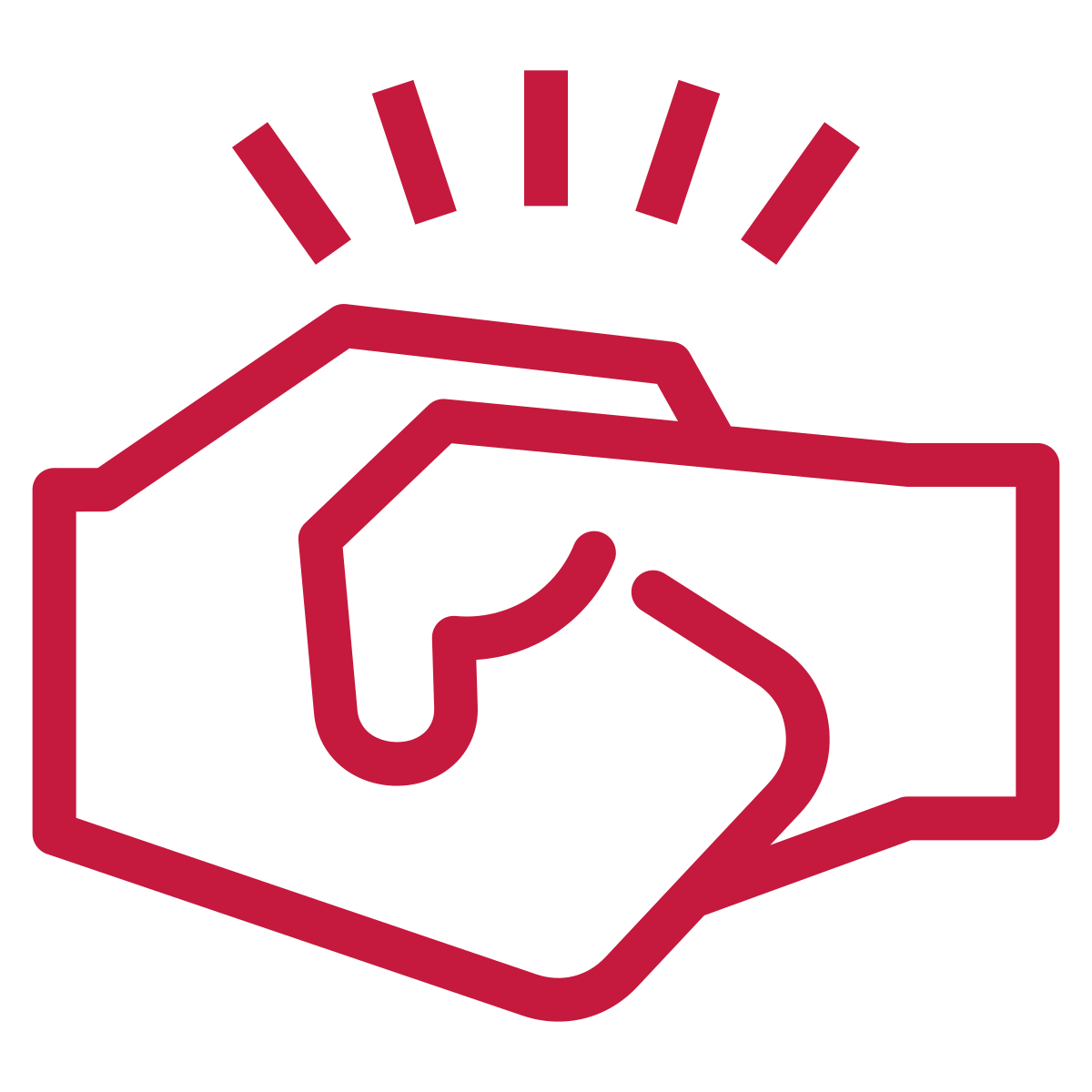 Red and black icon of a hand grabbing a ballot or card with lines above suggesting action or emphasis.