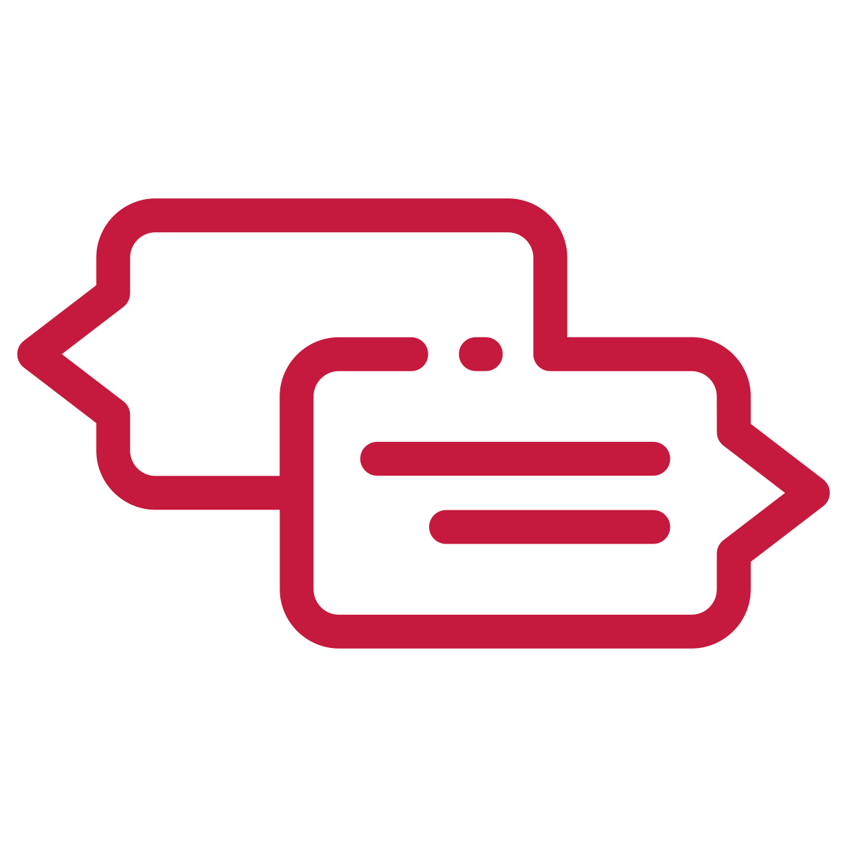 Two overlapping speech bubbles, one with a smaller circle inside, and the other with horizontal lines, all outlined in red on a black background.