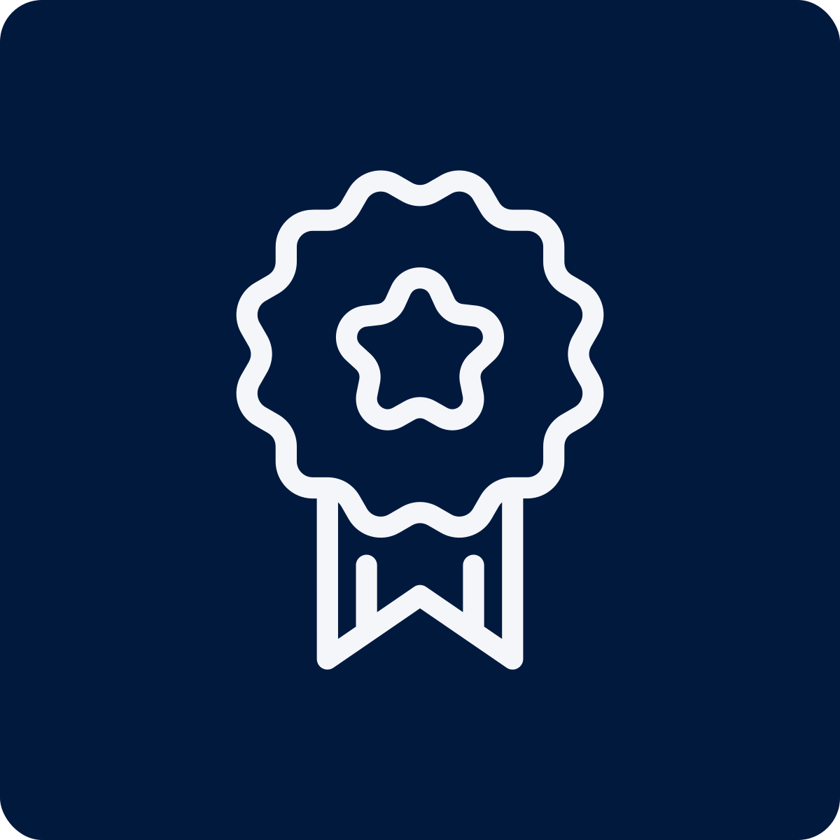 Outline icon of a ribbon award with a star in the center, on a dark blue background.