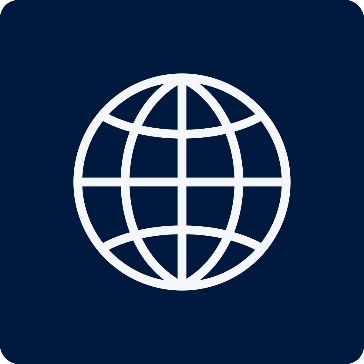 A white globe icon on a dark blue background.