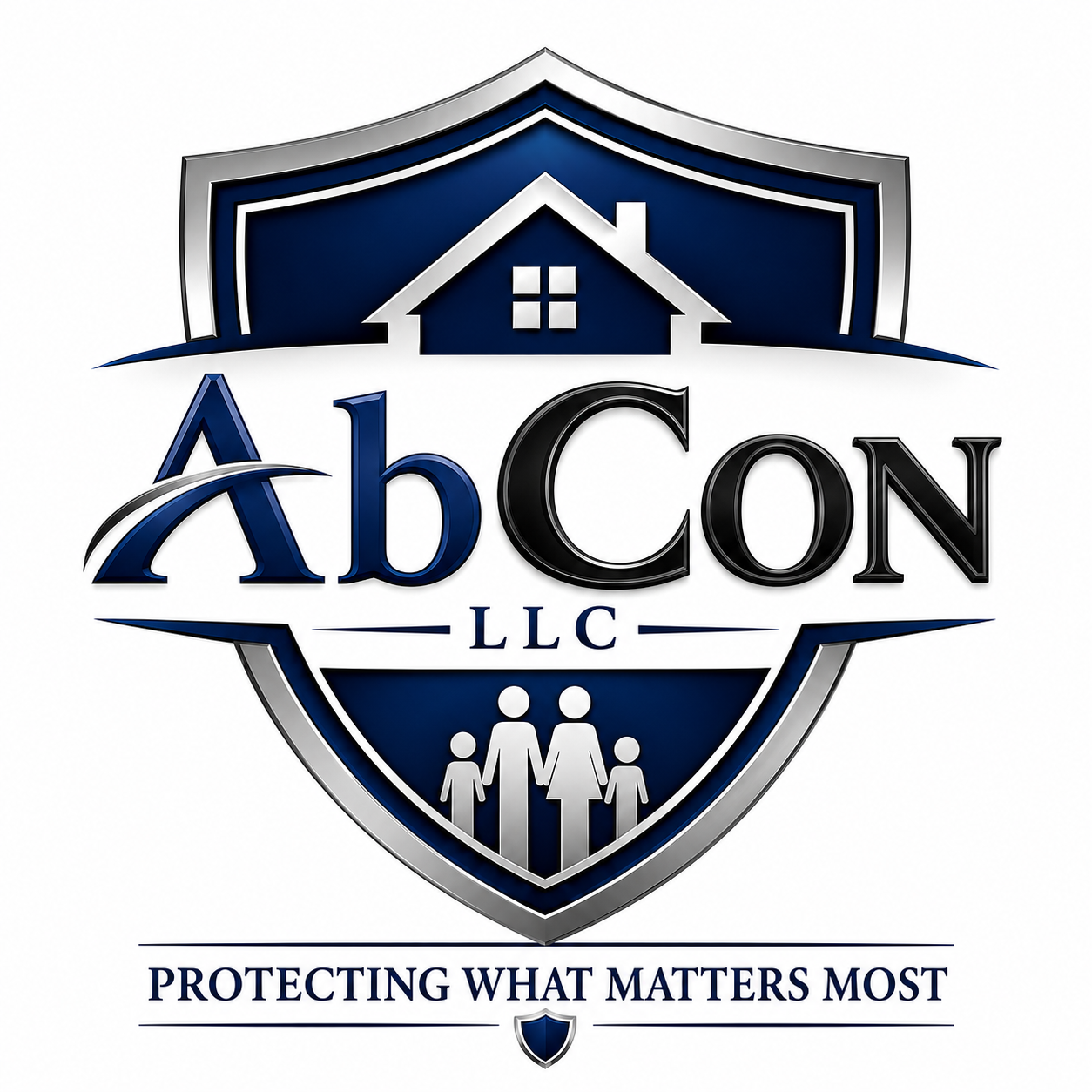 A logo for AbCon LLC featuring a shield with a house at the top and a family at the bottom, with the slogan "Protecting What Matters Most" underneath.