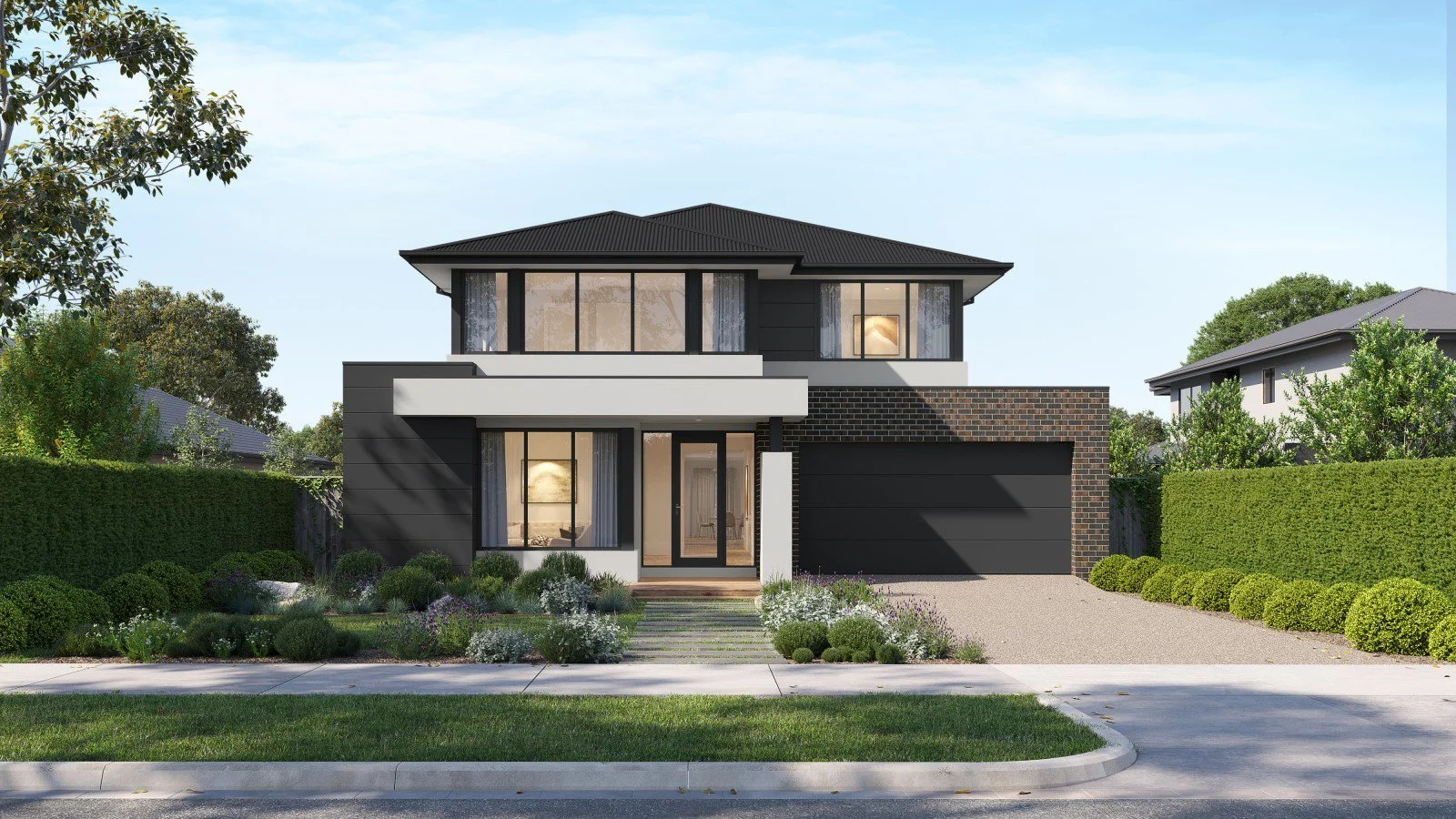 Modern two-story house with black and brick exterior, large windows, and a manicured front yard with shrubs and plants.