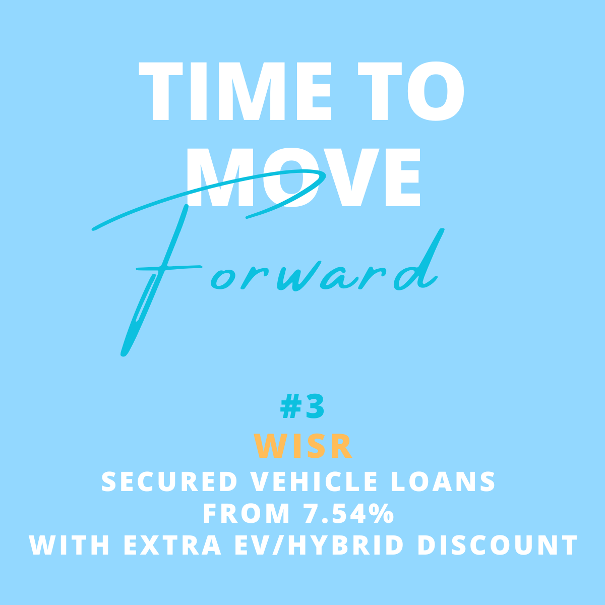 Blue background with white and turquoise text that says, 'Time to move forward,' with additional information about secured vehicle loans from WISR at 7.54% interest rate, with an extra EV/hybrid discount, and labeled as item #3.