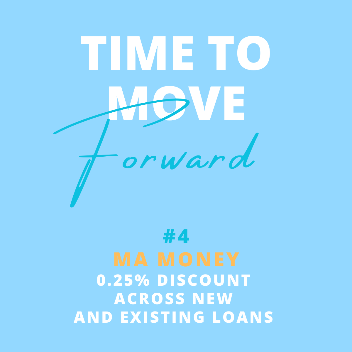 Blue background with text that says 'Time to move forward'. Below that, it says '#4 Ma Money' in orange and white text, with additional information about a 0.25% discount across new and existing loans.