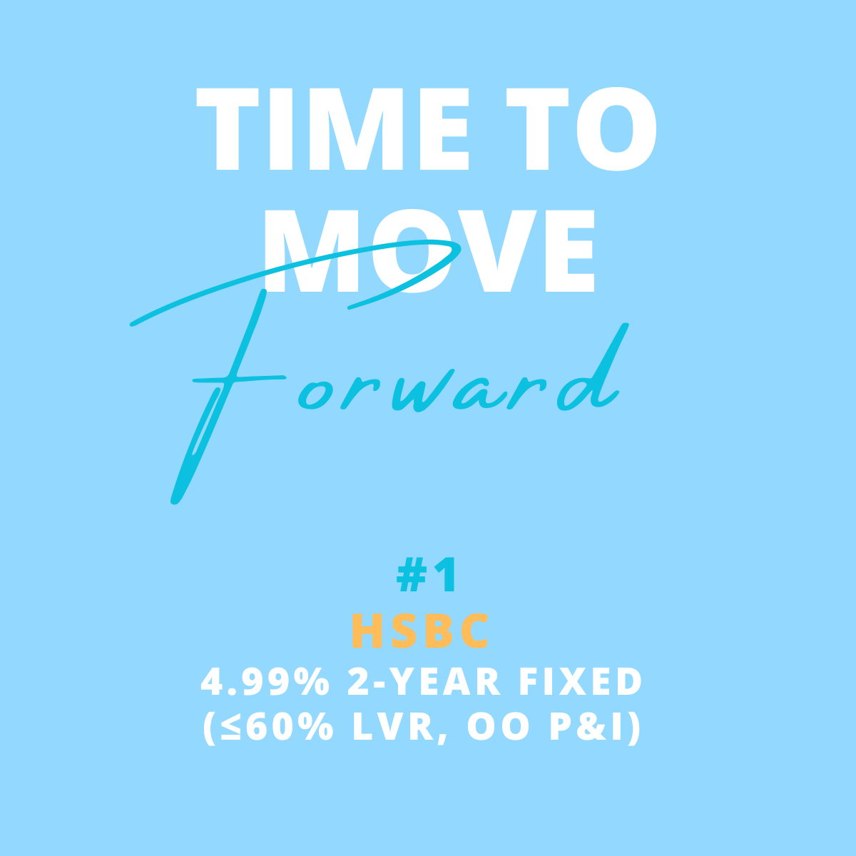 Light blue background with white and orange text displaying a message about moving forward financially, including details about HSBC 2-year fixed mortgage rate at 4.99% with specific loan conditions.
