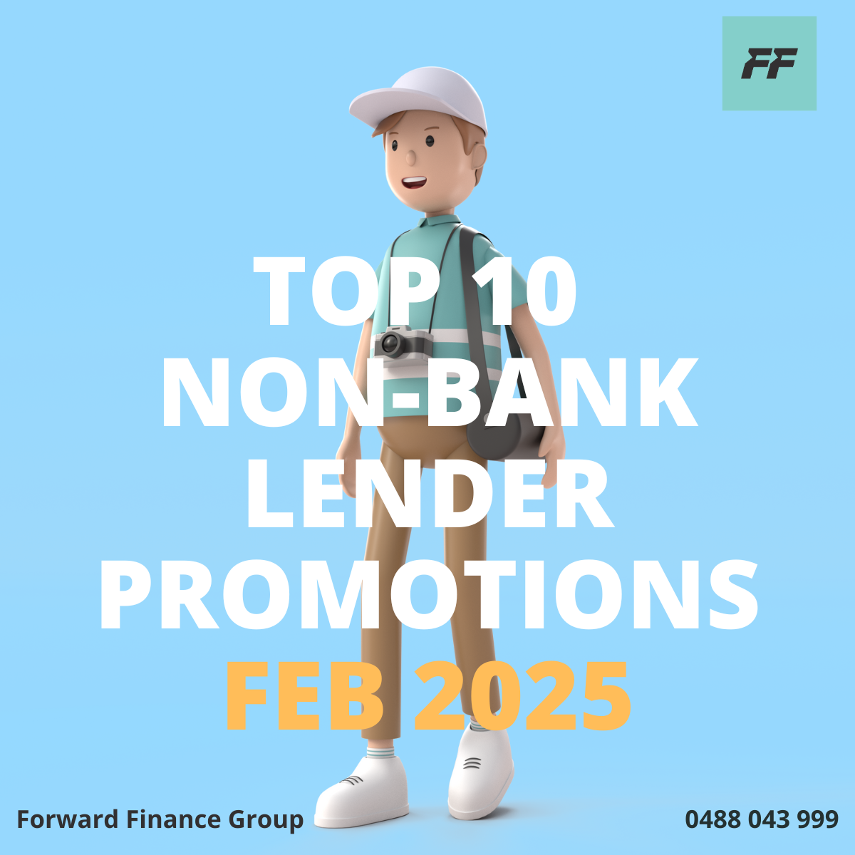 Animated character of a young man with a backpack, camera around his neck, wearing a white cap, tan pants, and white shoes, standing against a light blue background, with text overlay about top 10 non-bank lender promotions in February 2025.