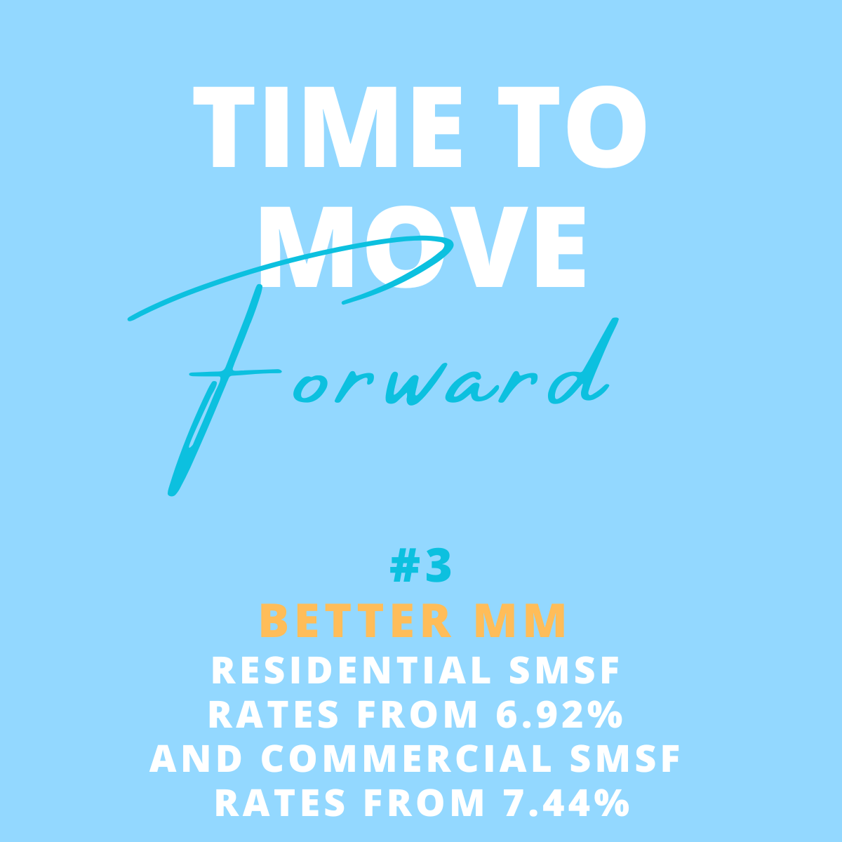 Graphics promoting moving forward with better mortgage rates, featuring the phrases "Time to move forward" and details about residential and commercial SMSF rates.