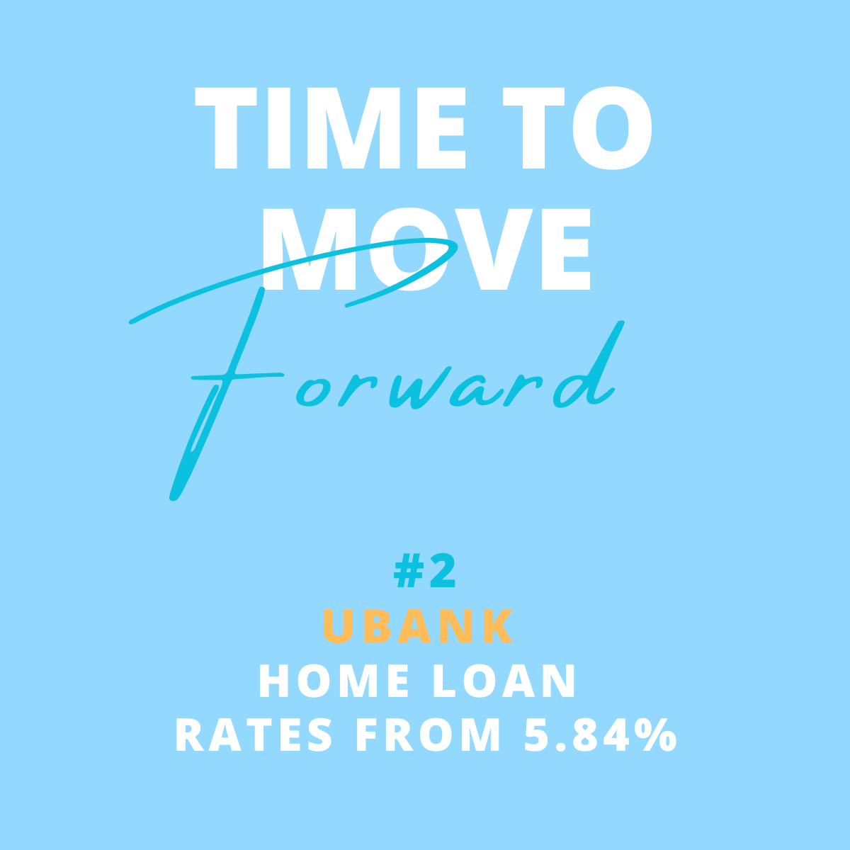 Graphic with light blue background and white text saying "Time to Move Forward". Below, in teal, it says "#2 UBank" in orange, and white text states "Home Loan Rates from 5.84%".