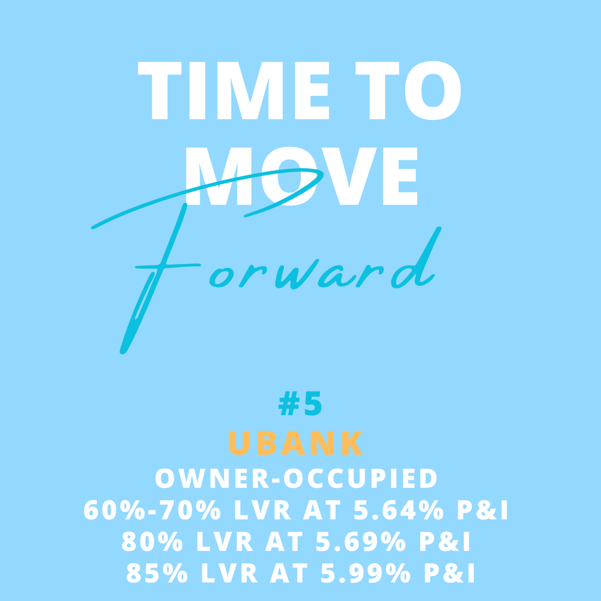 Graphic with a blue background and text that says 'Time to Move Forward', with a stylized 'f' and the word 'forward' in cursive. Below, it displays '#5 UBank' and details about property ownership and loan-to-value ratios.