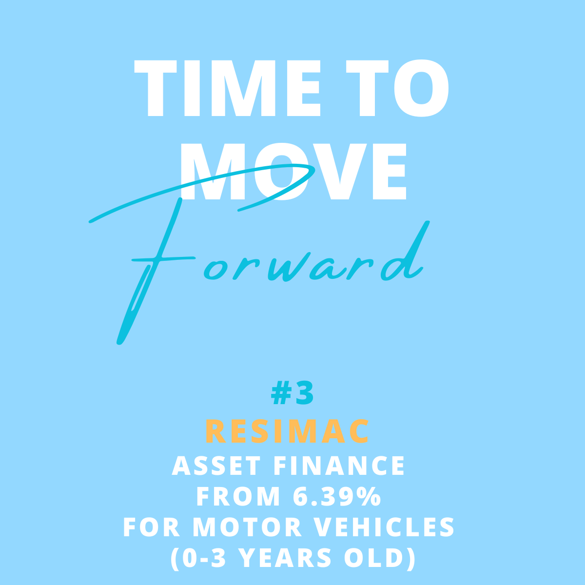 Promotional flyer with blue background, large white text saying 'Time to move forward', and orange and white text advertising a Resimac asset finance offer for motor vehicles, starting from 6.39% interest rate for 0-3 years old.