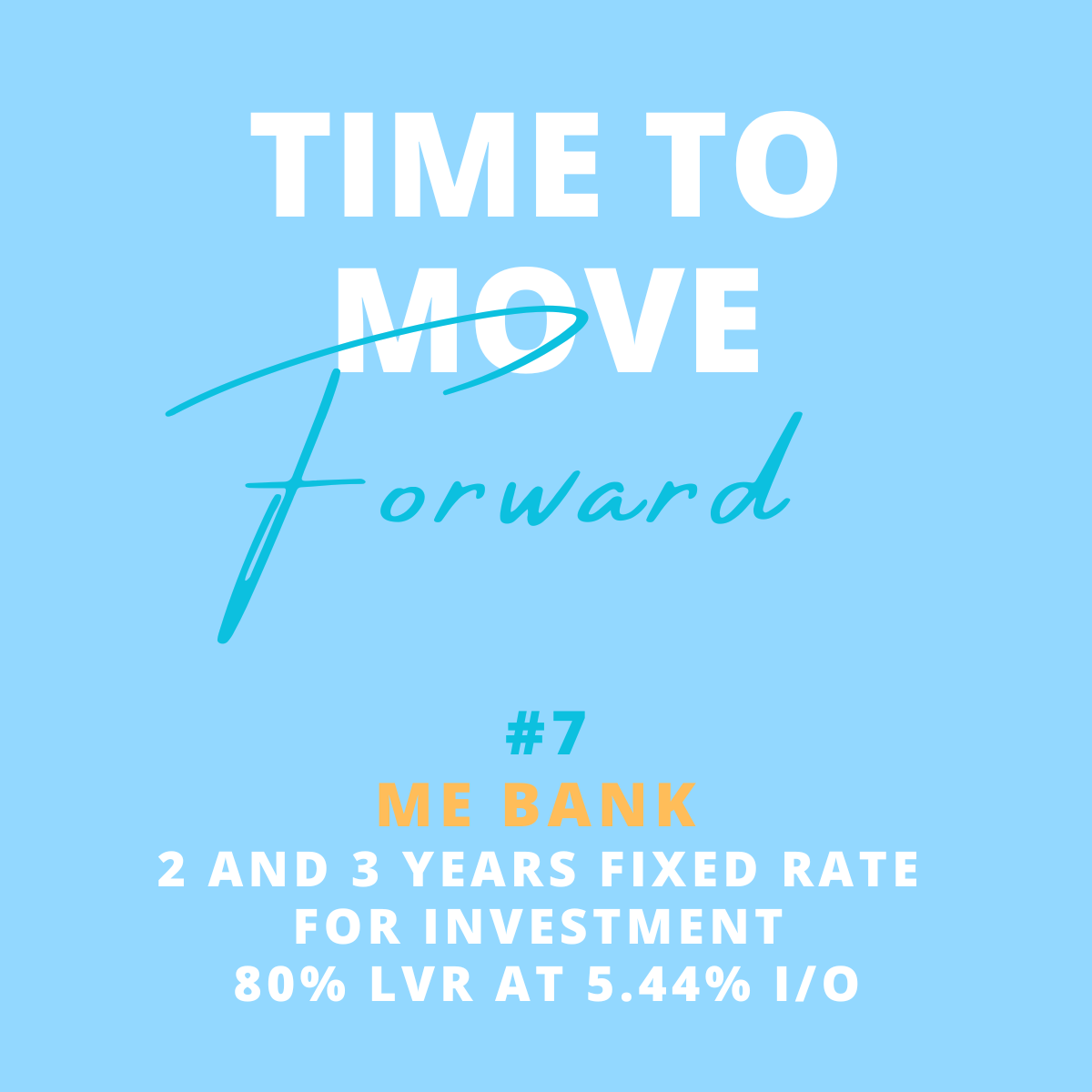 A promotional poster with a light blue background displaying the message 'Time to Move Forward.' Below it, details about an investment opportunity with a bank offering a 2-3 year fixed rate, 80% LVR at 5.44% interest rate, and labeled as #7 ME BANK.