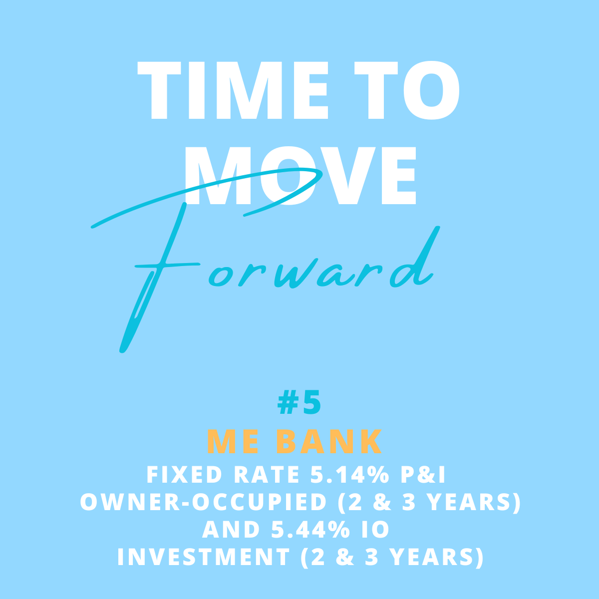 A promotional flyer with a light blue background displaying the phrase 'Time to Move Forward' in large white and blue text. Below, it promotes a financial product called 'ME BANK' with fixed rates and ownership options, using orange and white text.