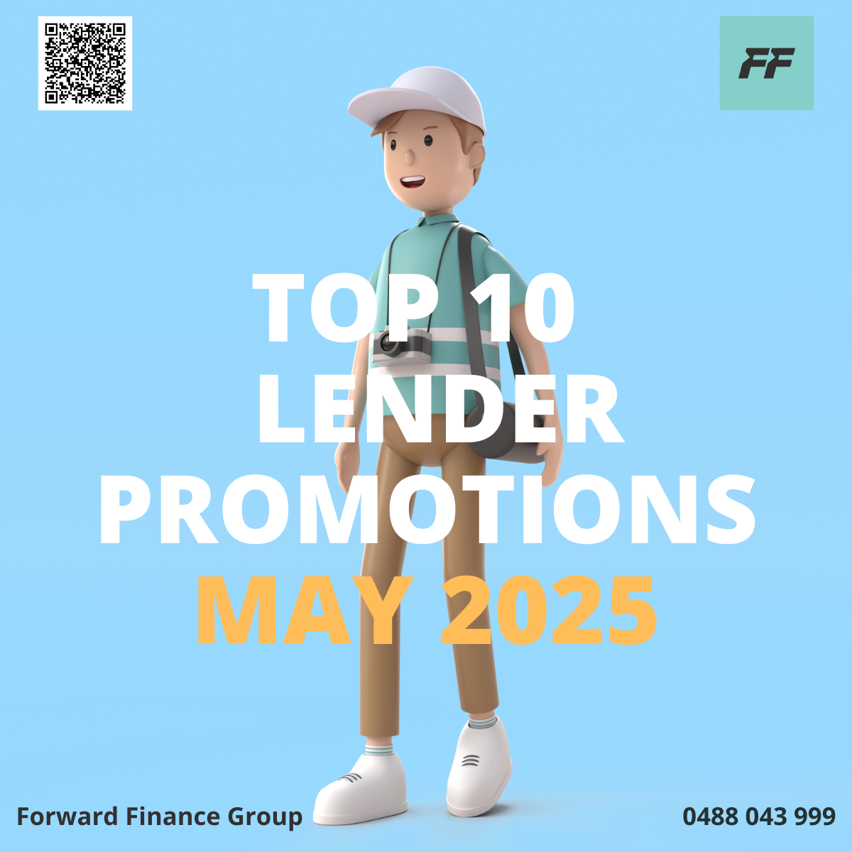 A cartoon illustration of a young person with a camera around their neck, wearing a white cap, teal shirt, beige pants, and white shoes, standing against a light blue background. The image contains text promoting the top 10 lender promotions for May 