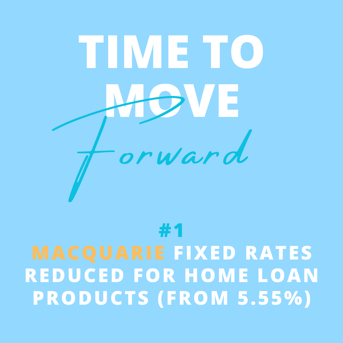 Text graphic with light blue background reading 'Time to Move Forward'. Subtext states '#1 Macquarie Fixed Rates Reduced for Home Loan Products from 5.55%'.