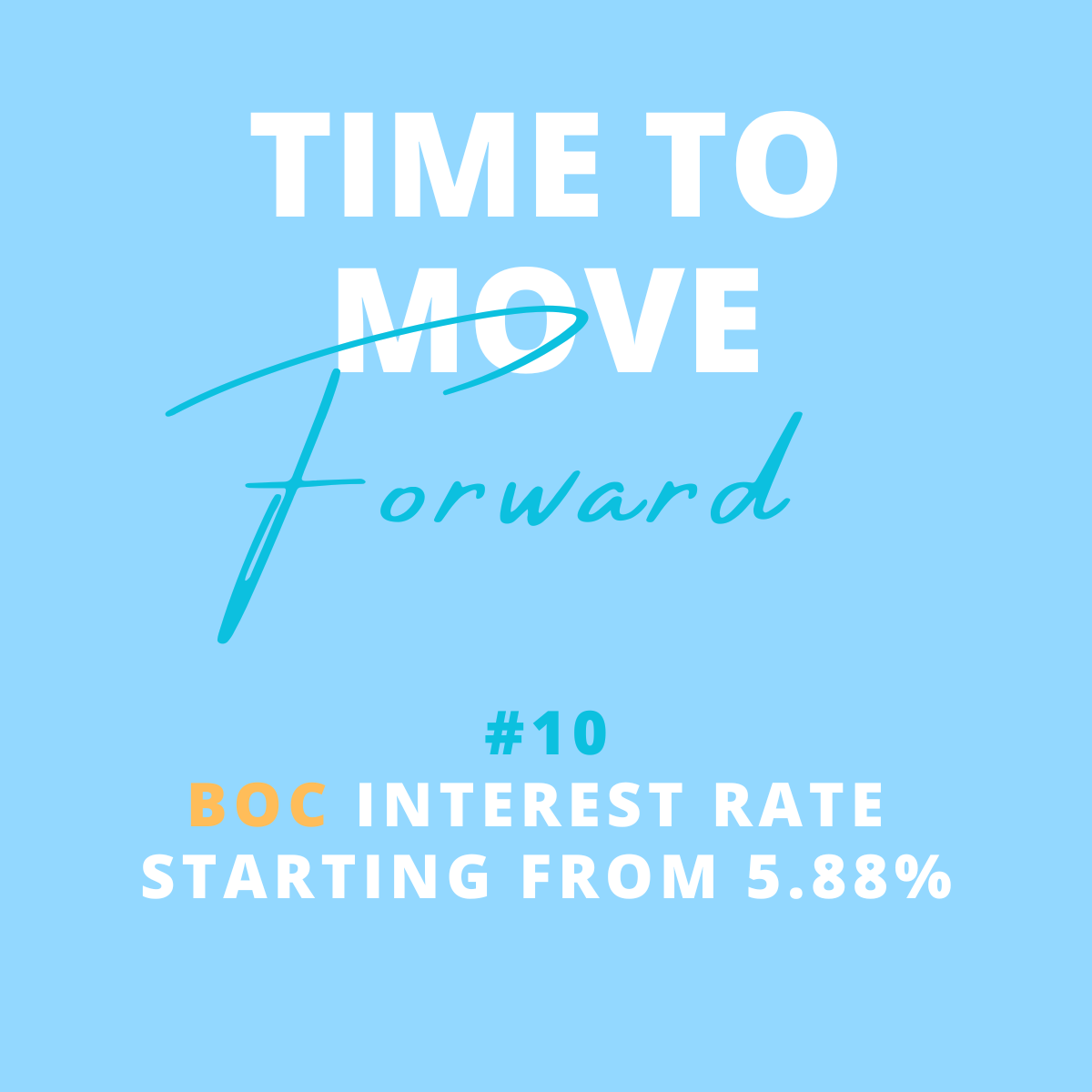 Graphic with light blue background displaying social media quote: "Time to move forward #10 BOC interest rate starting from 5.88%" in various fonts and colors.