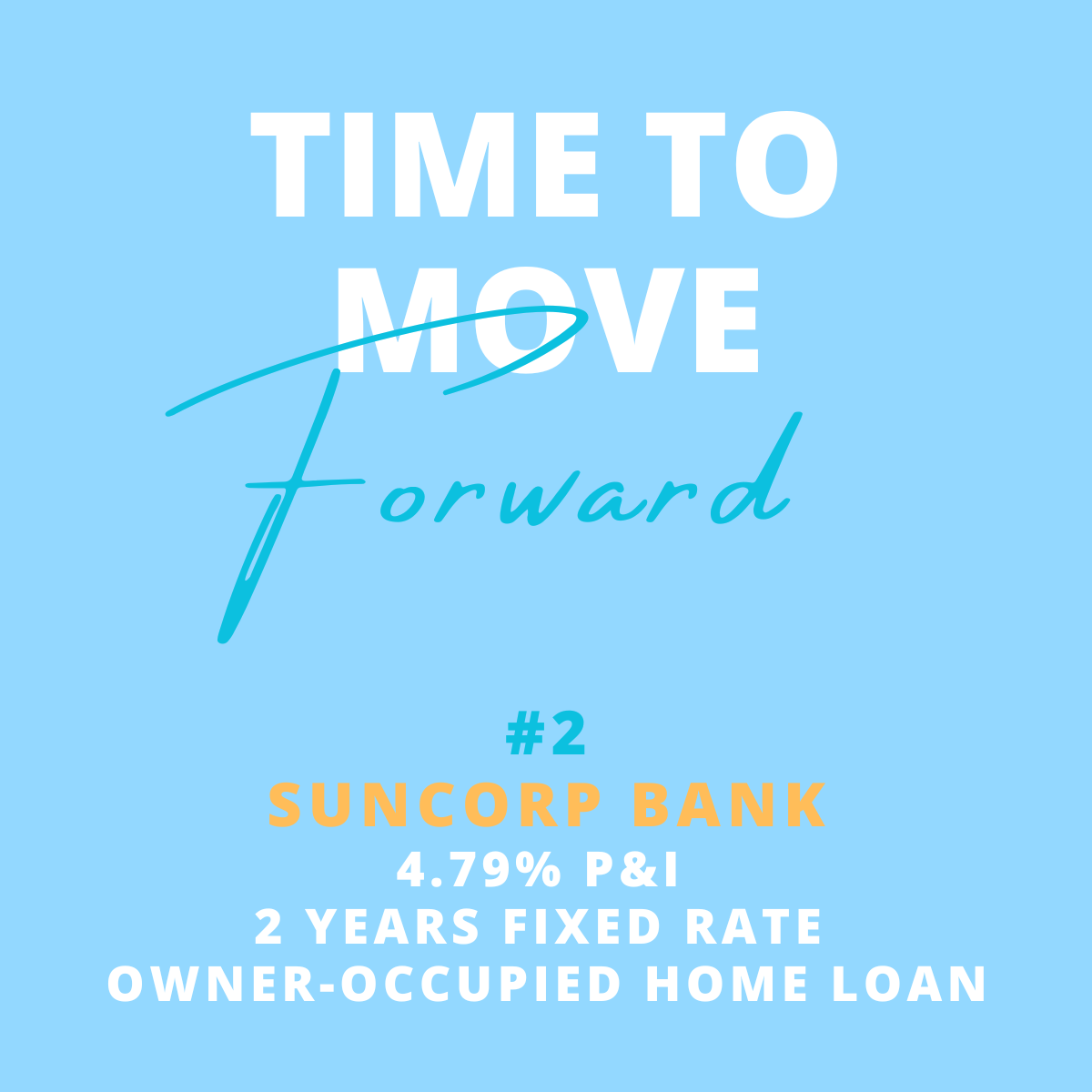 An advertisement with a blue background promoting a fixed-rate home loan, featuring the text "Time to Move Forward," and details about Suncorp Bank's 2-year fixed rate mortgage at 4.79% P&I, owner-occupied.