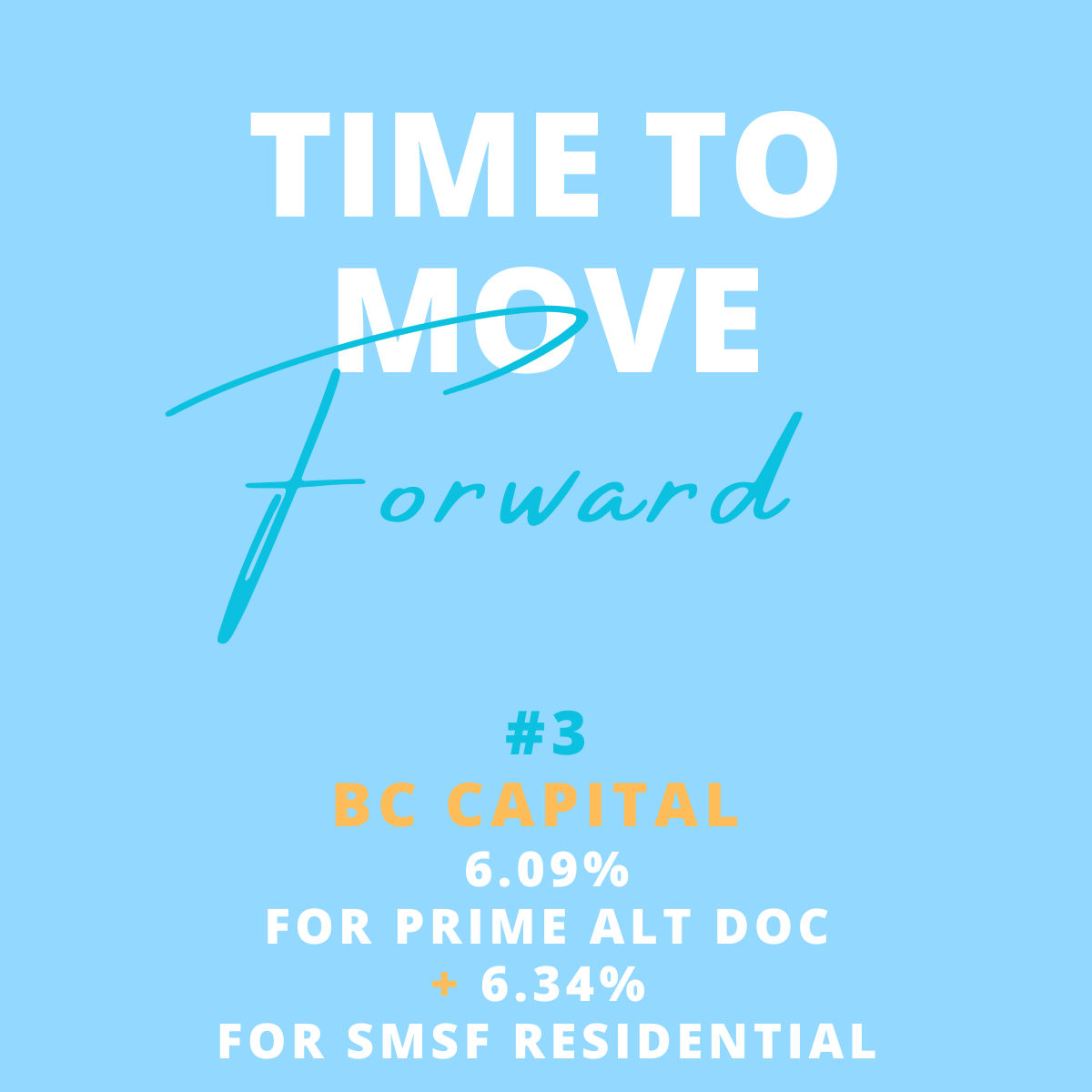 Graphic with the phrase 'Time to move forward' in blue and white text on a blue background. It includes investment information for BC Capital, showing a 6.09% yield for Prime ALT DOC and 6.34% for SMSF Residential.