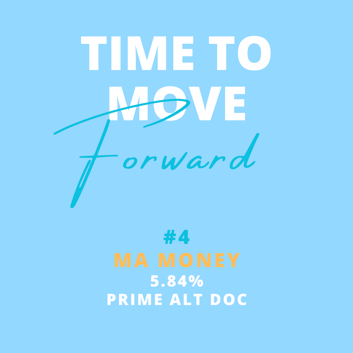 Pink background with bold text that reads 'TIME TO MOVE forward' and additional info '#4 MA MONEY 5.84% PRIME ALT DOC' in various colors and fonts.