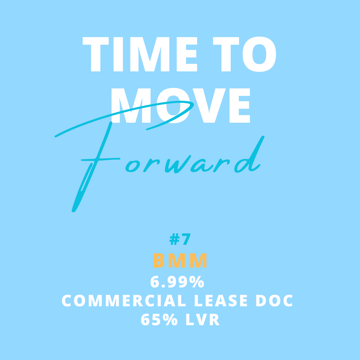 Graphic with the text 'Time to Move Forward' in large font, with a blue background. Additional details include '#7', 'BMM', '6.99%', 'Commercial Lease Doc', and '65% LVR'.