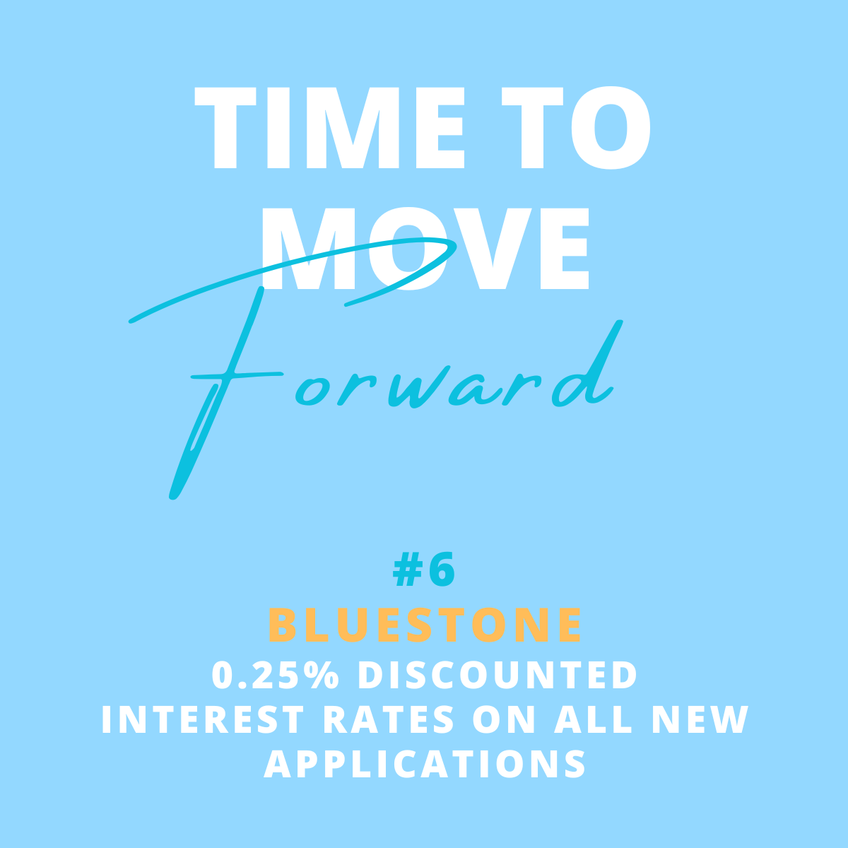 Blue promotional flyer with white, teal, and orange text, offering a special discount on new applications with interest rates.