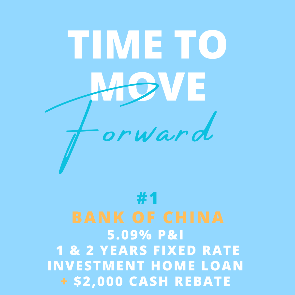 Blue background with overlay text that reads 'Time to move forward'. Additional information in orange and white text about a financial product from the Bank of China, including 5.09% P&I, 1-2 years fixed rate investment home loan, with a $2,000 cash 