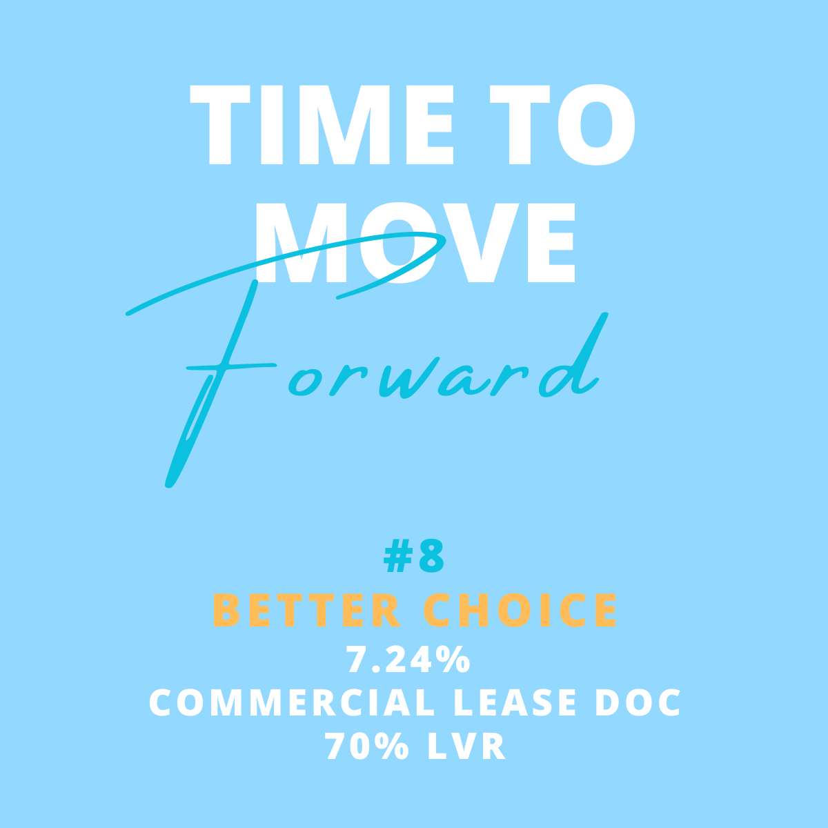 Graphic with a light blue background displaying the message "Time to Move Forward" with the word "forward" in cursive. Includes a ranking of #8, labeled "Better Choice," with percentages and details about a commercial lease.