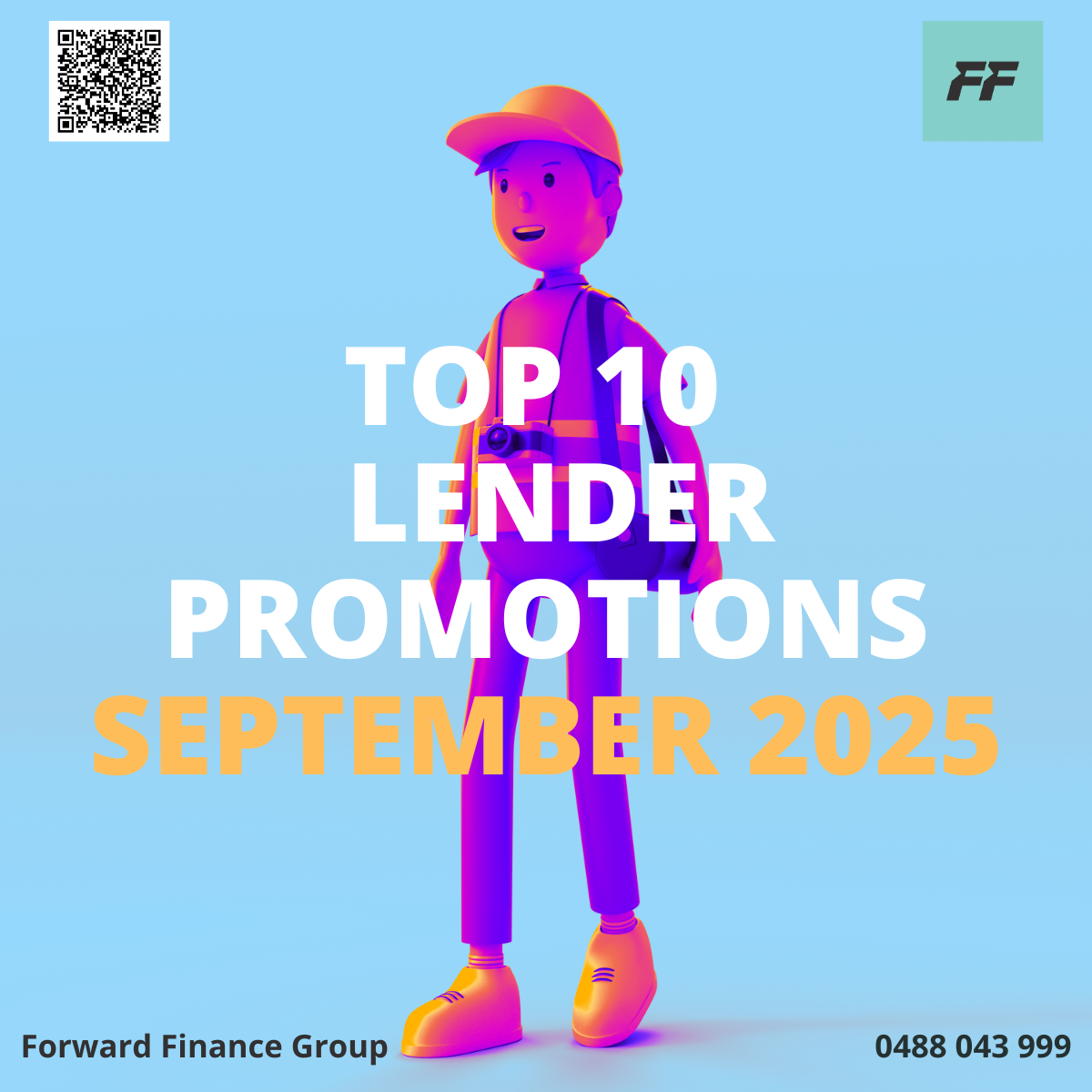 Blue background poster for Forward Finance Group featuring a 3D illustrated character of a young person wearing a yellow cap, purple shirt, purple pants, and yellow shoes, with a camera hanging around their neck, and text highlighting top 10 lender p