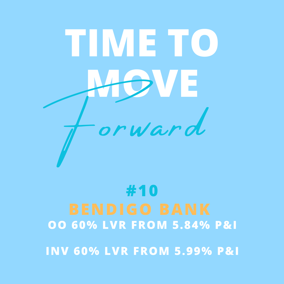 A blue background with white, teal, and orange text that reads 'Time to Move Forward,' with '#10 Bendigo Bank' and financial information below.