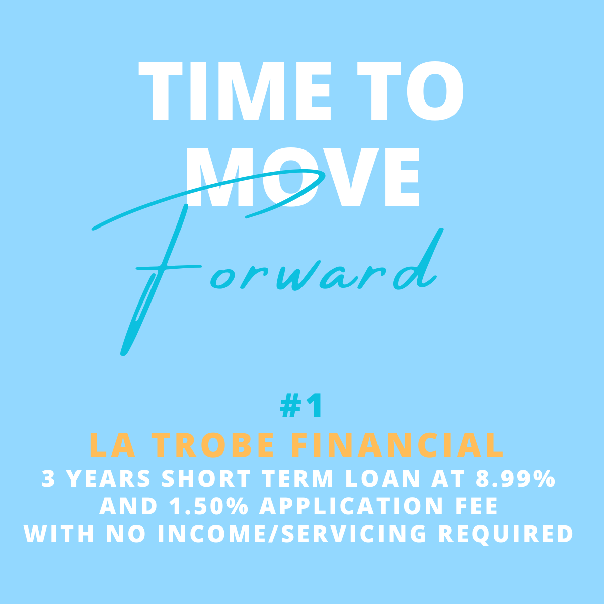 Blue background with white, teal, and orange text advertising a financial service called La Trobe Financial, offering a 3-year short-term loan at 8.99% interest with a 1.50% application fee, no income verification required, with the tagline 'Time to 