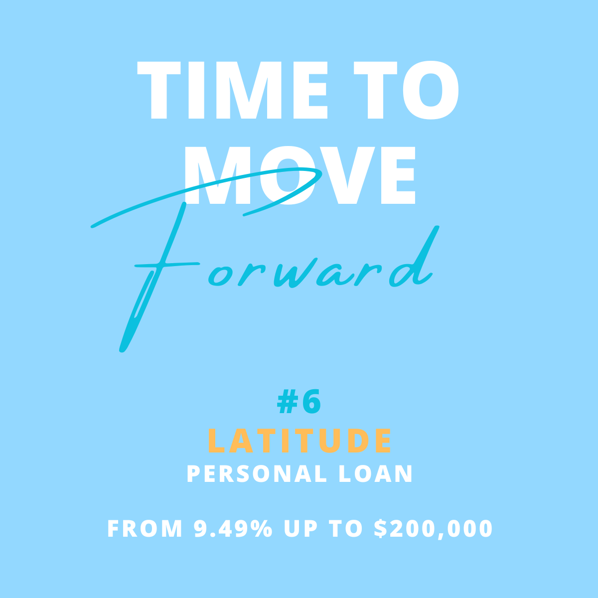 A promotional graphic with a blue background that reads 'Time to Move Forward' in large white and blue text. It features the phrase '#6 Latitude Personal Loan' in blue and orange text, and details 'From 9.49% up to $200,000' in white text.