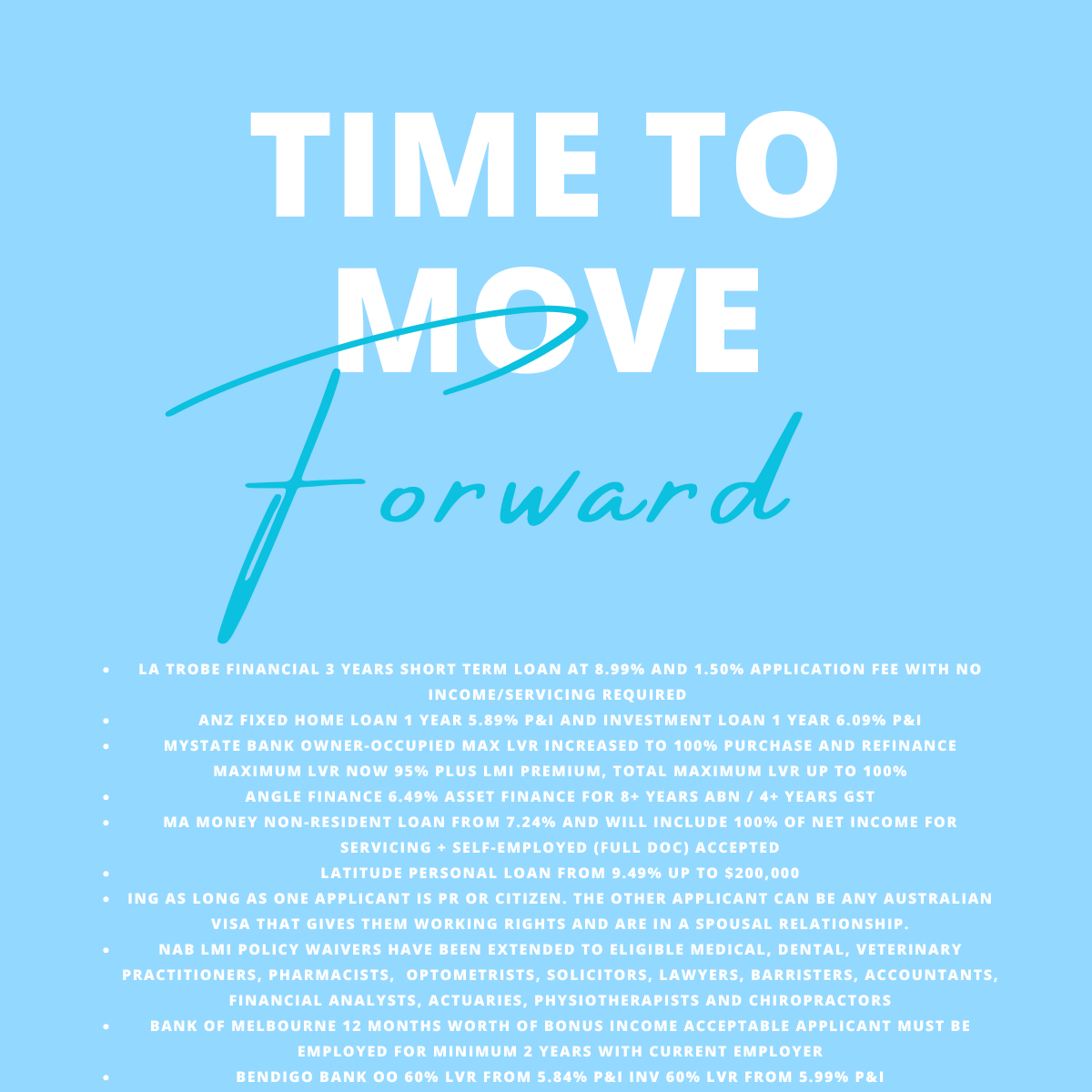 A blue infographic with the heading 'TIME TO MOVE forward' and detailed financial loan offers at the bottom.