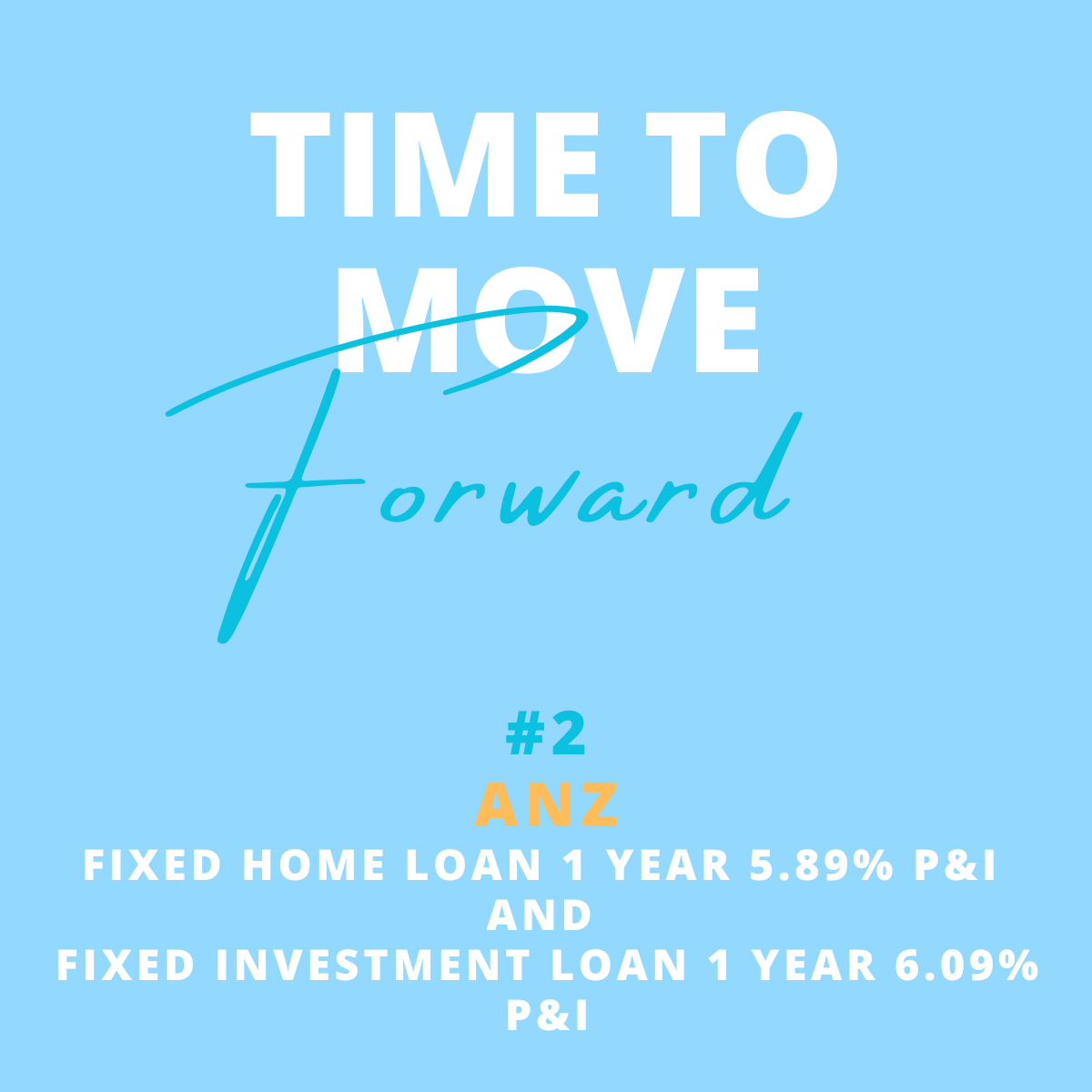 Blue background with white and blue text reading, 'Time to Move Forward'. Below, it says '#2 ANZ Fixed Home Loan 1 Year 5.89% P&I and Fixed Investment Loan 1 Year 6.09% P&I'.