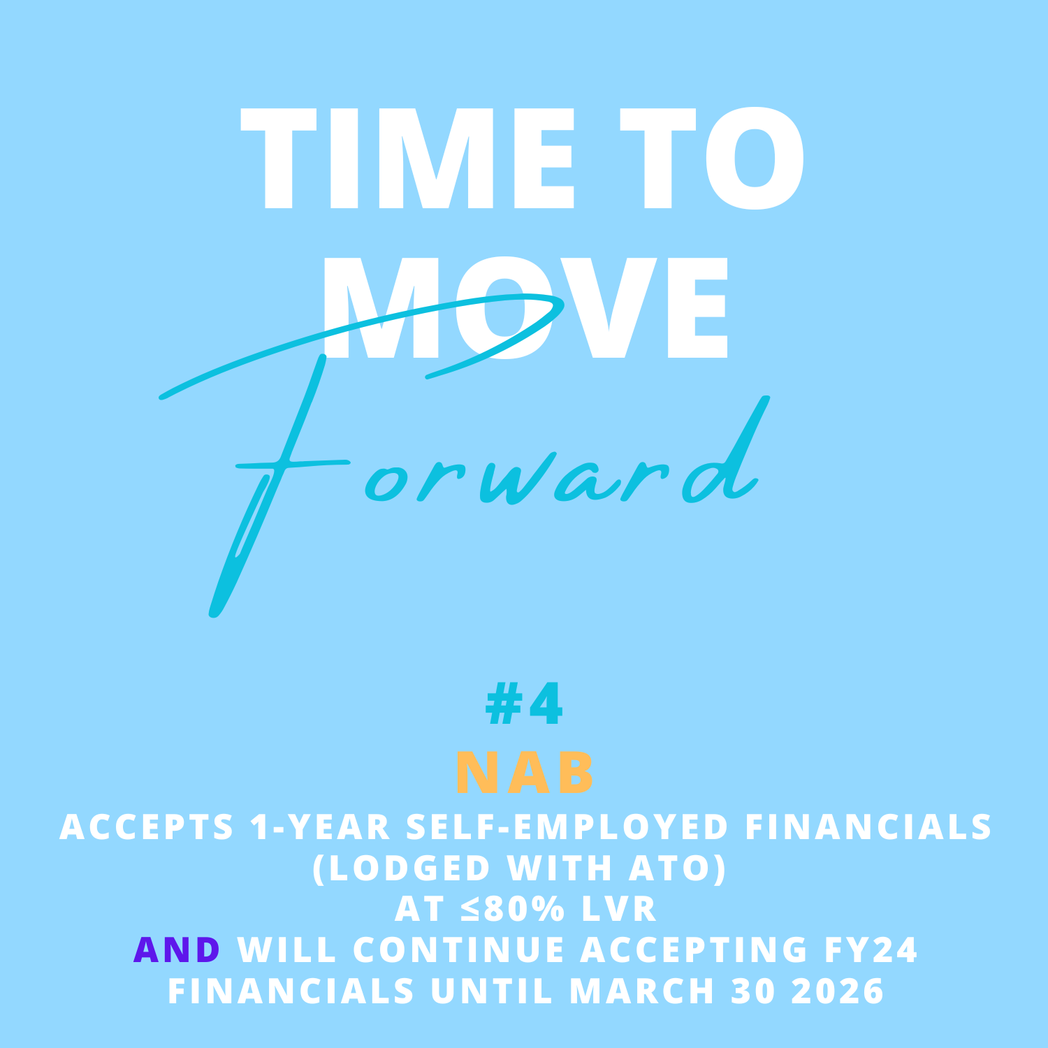 A promotional graphic with a blue background that says "Time to Move Forward." It indicates that the organization, #4 NAB, accepts one-year self-employed financials with ATO lodging, at 80% LVR, and will keep accepting FY24 financials until March 30,
