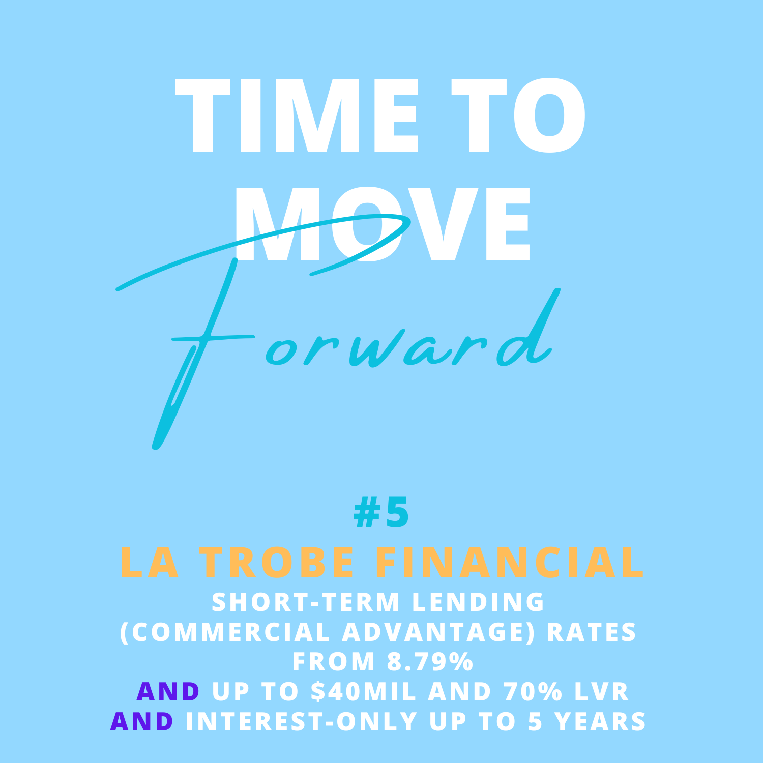Promotion for La Trobe Financial, a short-term lending company, emphasizing moving forward with funding options, APR starting at 8.79%, up to $40 million, 70% LTV, and interest-only loans up to 5 years.