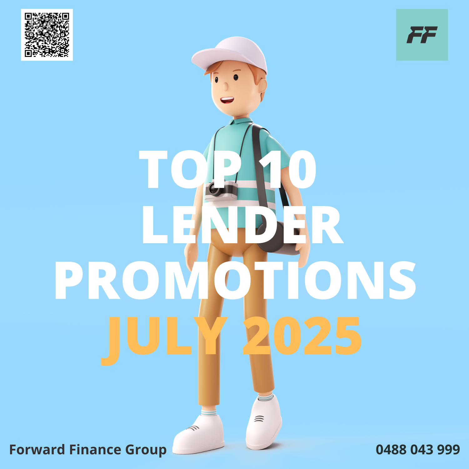 A cartoon-style male character with light skin, wearing a white cap, turquoise shirt, beige pants, white shoes, and carrying a camera around his neck, standing against a light blue background with the text "Top 10 Lender Promotions July 2025" layered