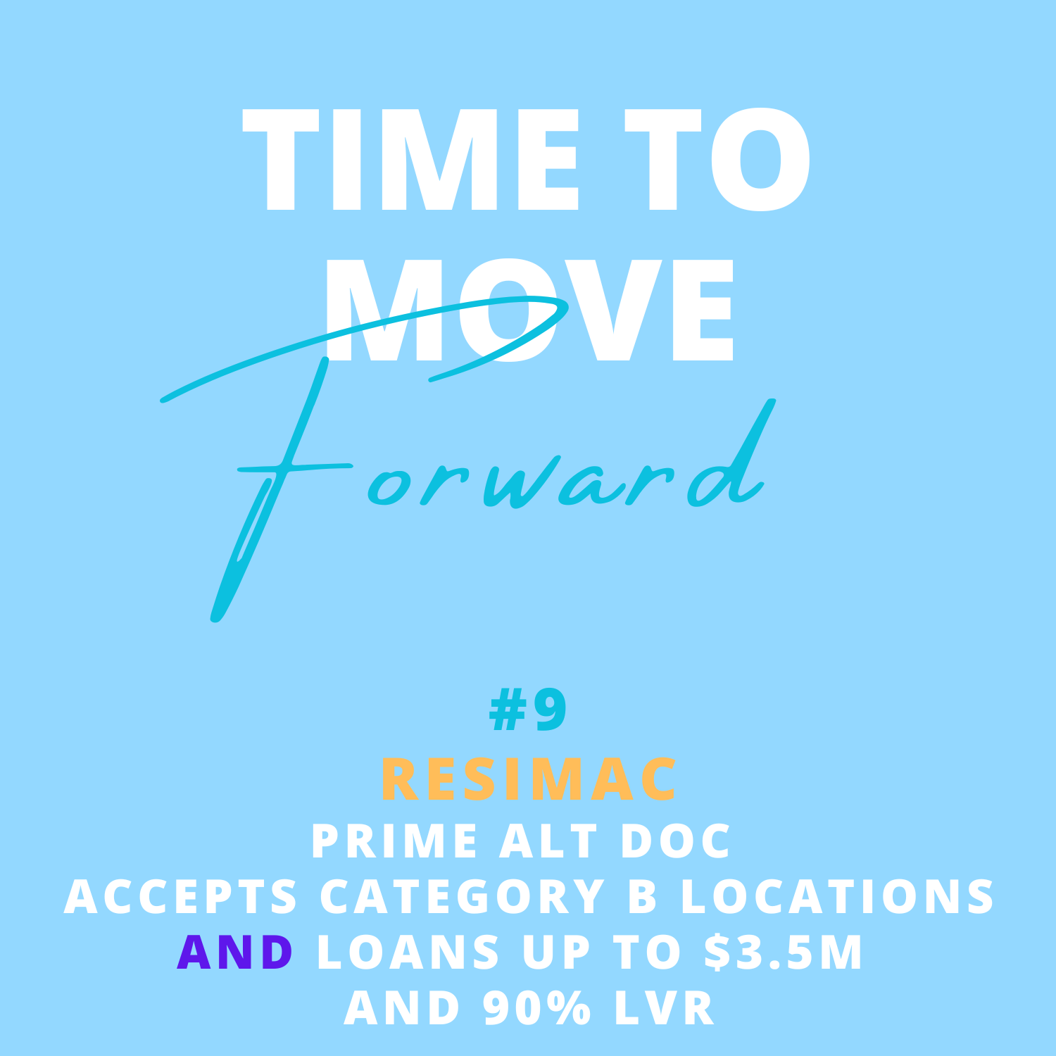 Text graphic with a blue background featuring the phrase 'Time to move forward' in large font, with 'forward' in cursive. Additional text includes '#9 Resimac, Prime Alt Doc, Accepts Category B Locations, Loans up to $3.5M, and 90% LVR.