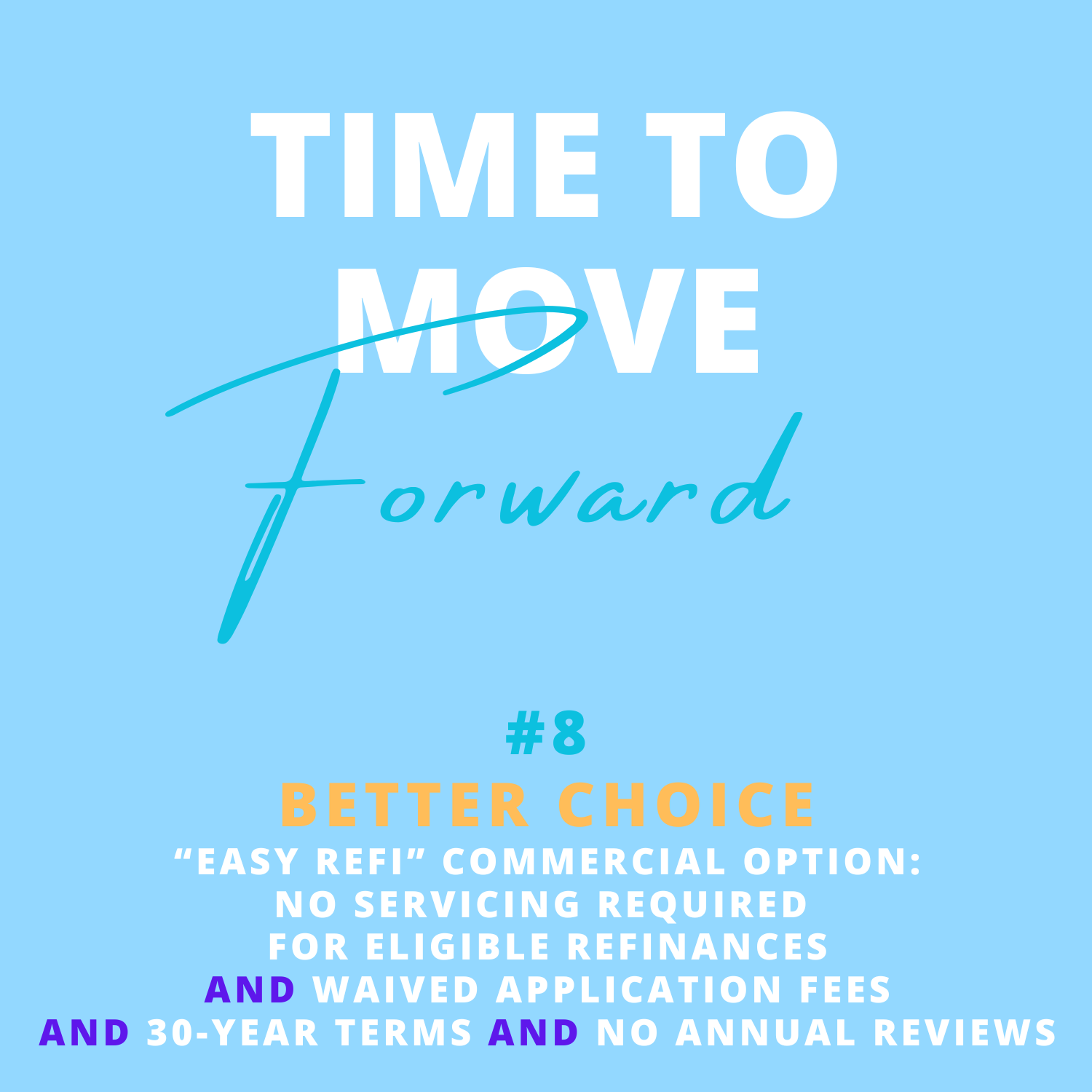 A promotional graphic with a light blue background that features the text 'Time to move forward.' It promotes Better Choice's 'Easy Refi' commercial mortgage option, highlighting no servicing required, eligible refinancing, waived application fees, a