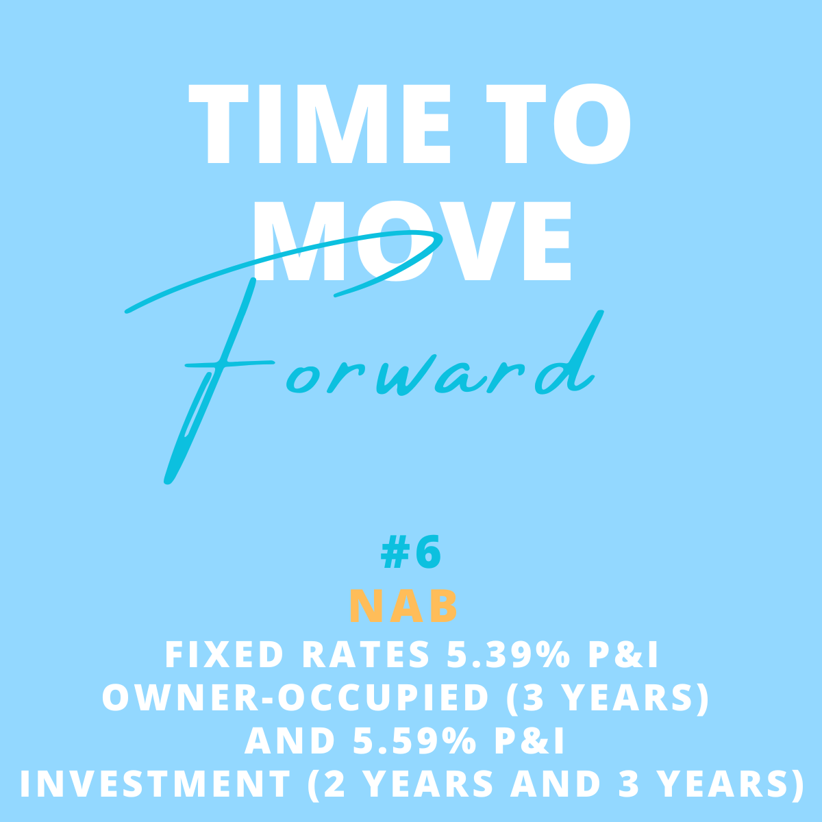 Graphic with light blue background displaying motivational quote 'Time to move forward'. Below, it shows '#6 NAB' with fixed rates of 5.39% P&I for owner-occupied properties over 3 years and 5.59% P&I for investment properties over 2 and 3 years.