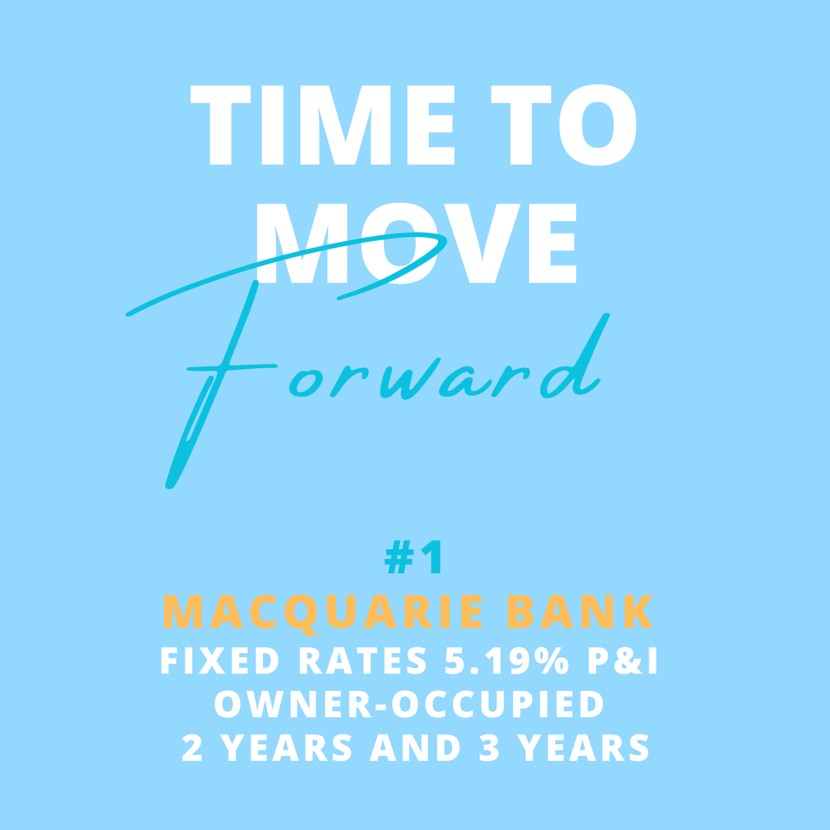A blue background with white and orange text that reads, "Time to move forward." Below, it says "#1 Macquarie Bank fixed rates 5.19% P&I owner-occupied, 2 years and 3 years."