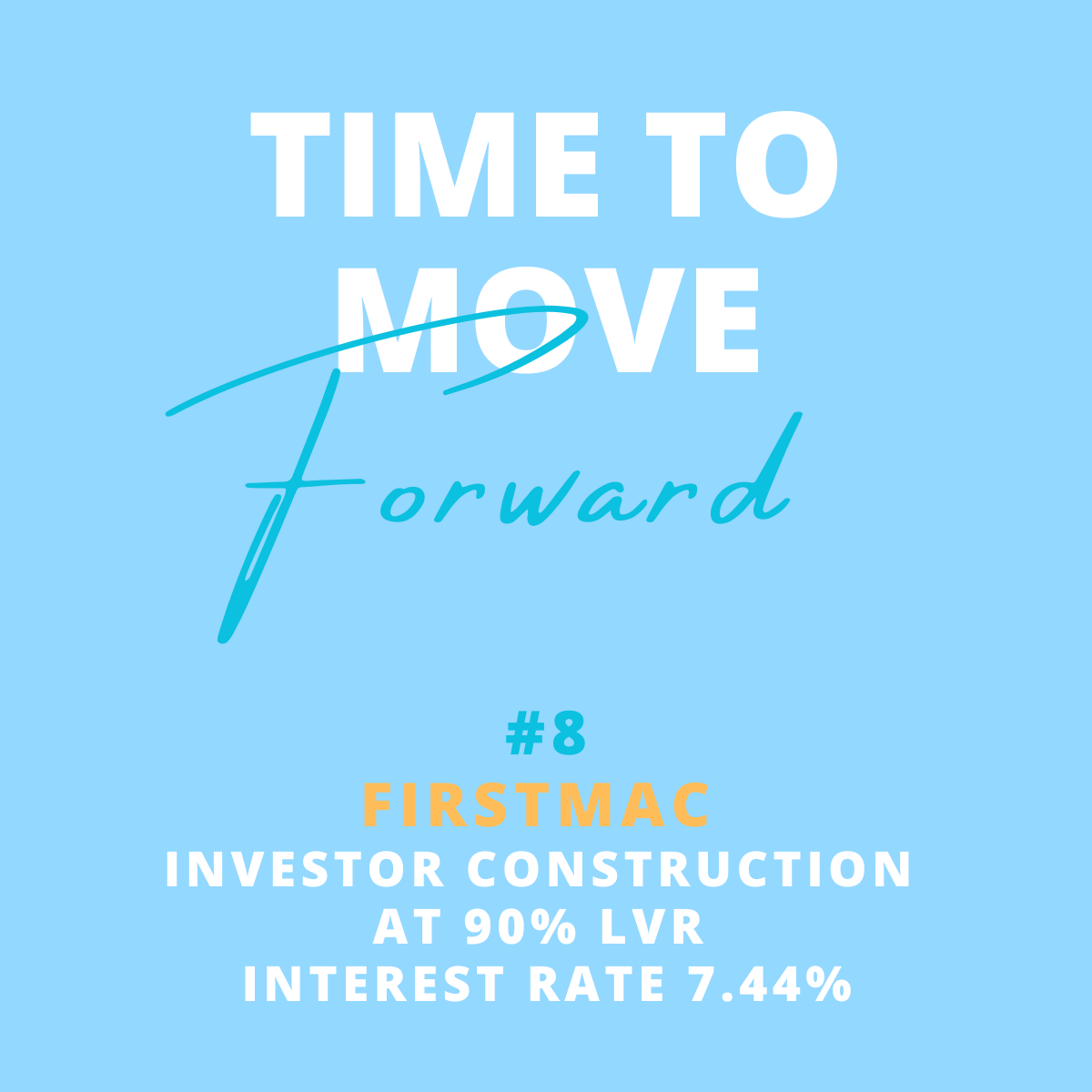 Colorful graphic with the text 'Time to Move Forward' at the top, followed by '#8 FirstMac Investor Construction at 90% LVR Interest Rate 7.44%'.