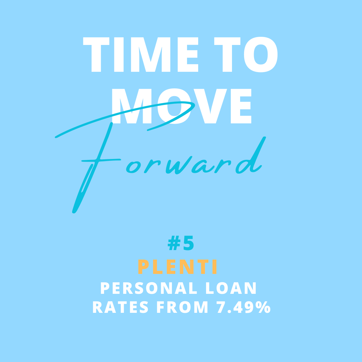 A promotional graphic with the text 'Time to Move Forward', '#5 PLENTI Personal Loan Rates from 7.49%', on a light blue background.