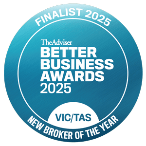Blue circular badge for the 2025 Better Business Awards, finalist in the New Broker of the Year category, in VIC/TAS.