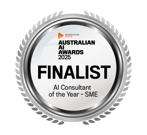 Silver medal for 'Australian AI Awards 2025 FINALIST - AI Consultant of the Year - SME'.