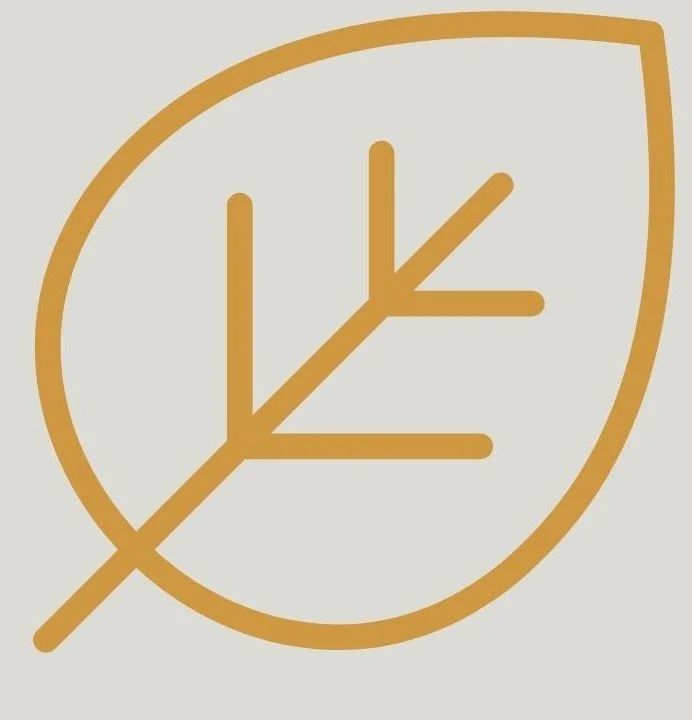 Minimalist logo of a leaf with a stylized tree branch inside, in gold color on a light background.