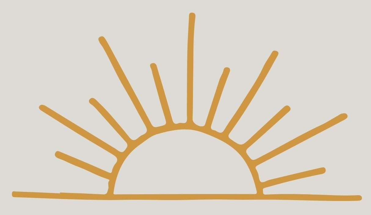 Simple illustration of a sunrise with rays extending outward.